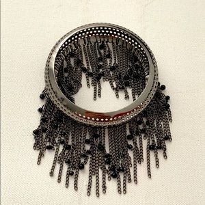 Silver Black Beaded Fringe Bangle Bracelet
